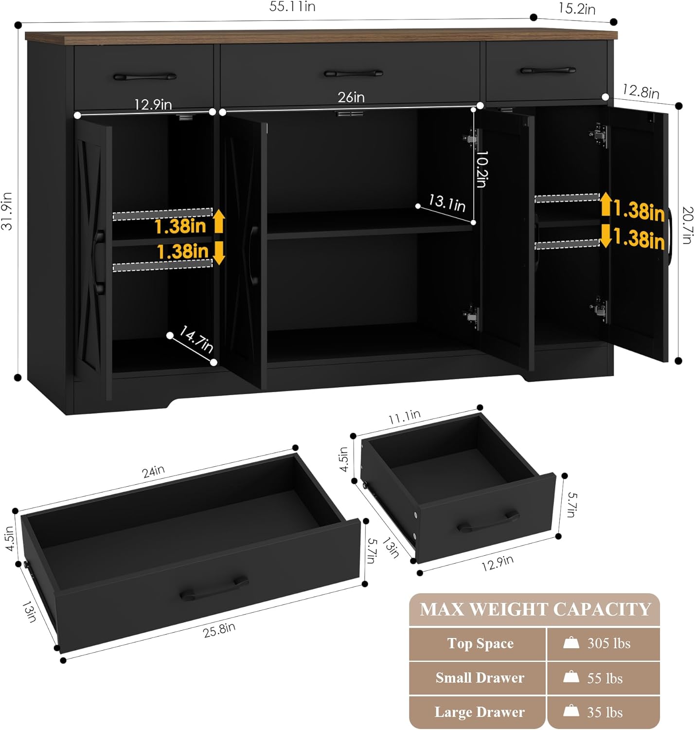 HOSTACK Buffet Sideboard Cabinet with Drawers, 55" Large Buffet Storage Cabinet with Shelves and Doors, Modern Farmhouse Coffee Bar Station for Kitchen, Dining Room, Black/Rustic Brown