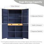 Merax 4 Doors Kitchen Pantry Storage Cabinet with 2 Drawers, 71.3" H Tall Pantry Blue Cupboard Kitchen Hutch with 2 Adjustable Shelves, Floor Spice Cabinet with 8 Door Shelves for Dining Room, Blue