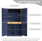71.3'' Tall Wood Kitchen Pantry, Farmhouse Food Pantry Cabinet with 8 Door Shelves / 2 Drawers, Freestanding Large Cupboard with Adjustable Shelves for Kitchen Dining Room, Blue