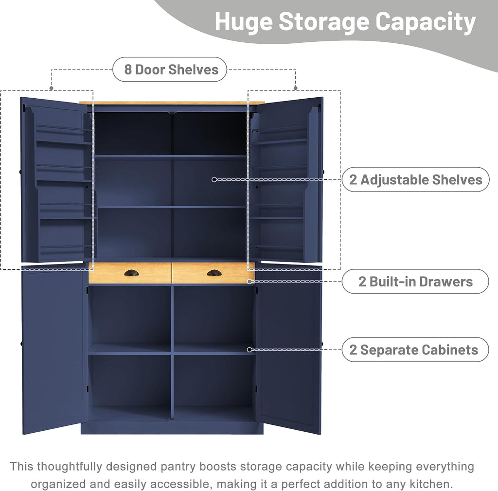 71.3" Kitchen Pantry Cabinet, Freestanding Cupboard, Blue | Painted MDF, 8 door shelves, 2 adjustable shelves, 2 slide-out compartments, anti-tip kits, 40.2"L x 20"W x 71.3"H