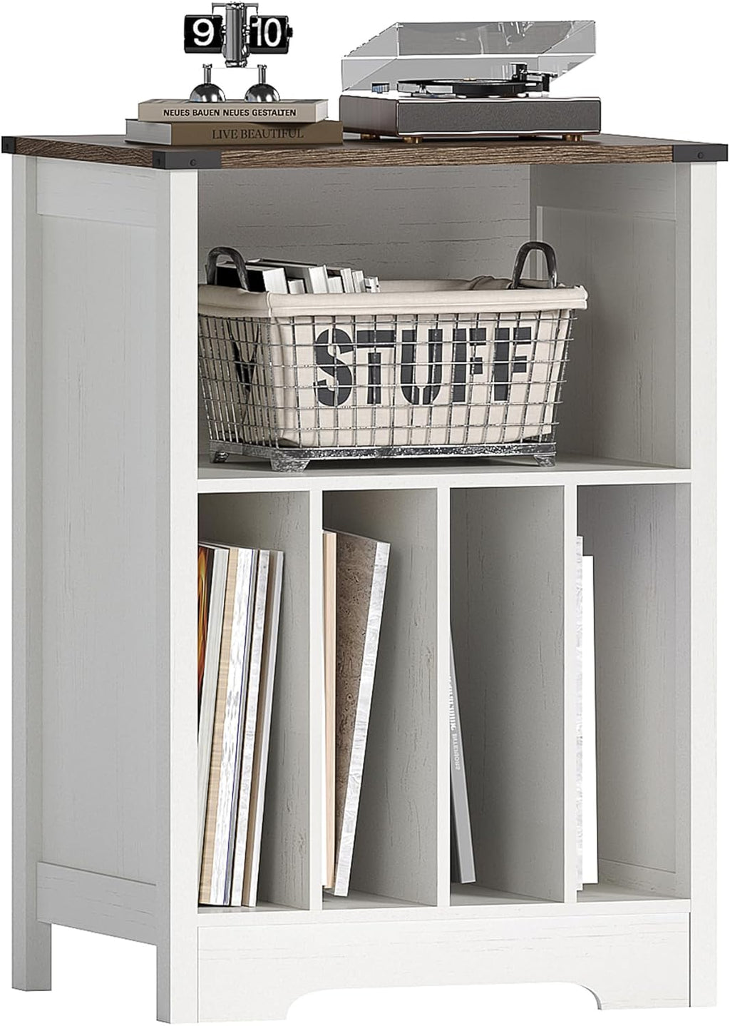 ChooChoo Record Player Stand, Vinyl Record Storage Cabinet, Turntable Stand Holds up to 160 Albums, Record Player Table Display Shelf for Living Room, Bedroom, Office, Rustic White