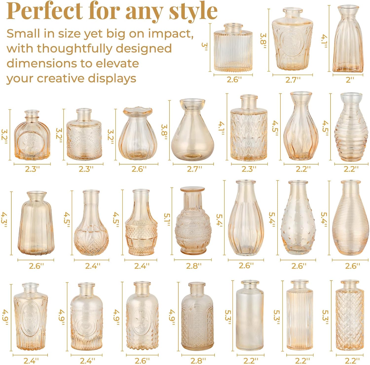24 Pack Bud Vase in Bulk - BEAHOT Gold Flower Vases for Wedding Decorations, Glass Vase for Table Decorations, Small Vase for Home, Mother's Day, Centerpieces, Party, Office (Gold)