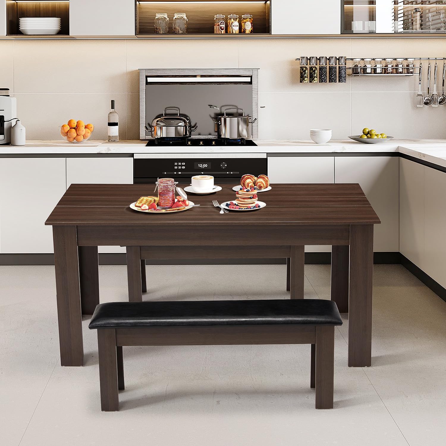 AVAWING Wooden Kitchen Table for 4, Dining Table for 6-8 People, Large Farmhouse Rectangular Tables, Wood Desk with L Shaped Legs, Home Furniture Kitchen & Dining Room Table, Brown/Black