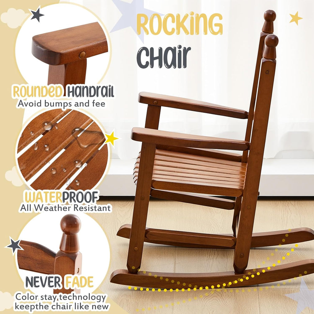 Yalikop Kids Rocking Chair Cushion Pad Set Toddler Rocking Chair Indoor Outdoor Wooden Rocker Child Patio Rocker for Porch Balcony Lawn Indoor Outdoor(Brown,Ages 2-5)