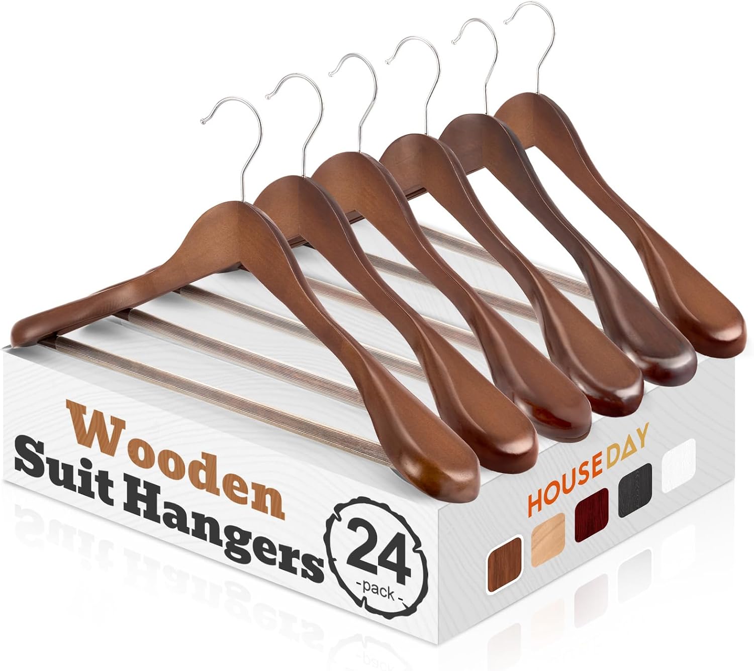 HOUSE DAY Wood Suit Hangers for Men 24 Pack, Smooth Wide Shoulder Wooden Hangers with Non Slip Pant Holder, Wide Hangers for Suits, Coats, Jackets, Heavy Wide Clothes Hanger, Walnut