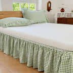 Green Gingham Wrap Around Ruffled Bed Skirt with Lace Decor, Plaid Grid Adjustable Elastic Dust Ruffles for Queen Bed, 15 Inch Drop Farmhouse Cottage Pleated Bed Frame Cover(Green Gingham, Queen)