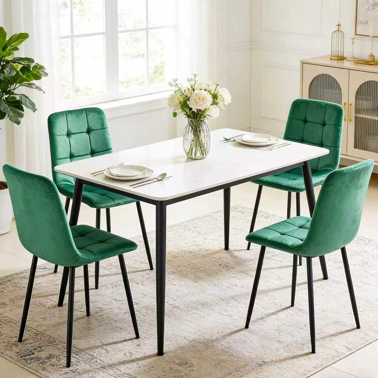 Velvet Dining Chairs Set of 4, Modern Fabric Upholstered Dining Room Kitchen Chair 4pcs Velvet Kitchen Chairs, Mid Century Dinning Dinner Chairs for Living Room,Bedroom (Green, Non-Swivel Chair)