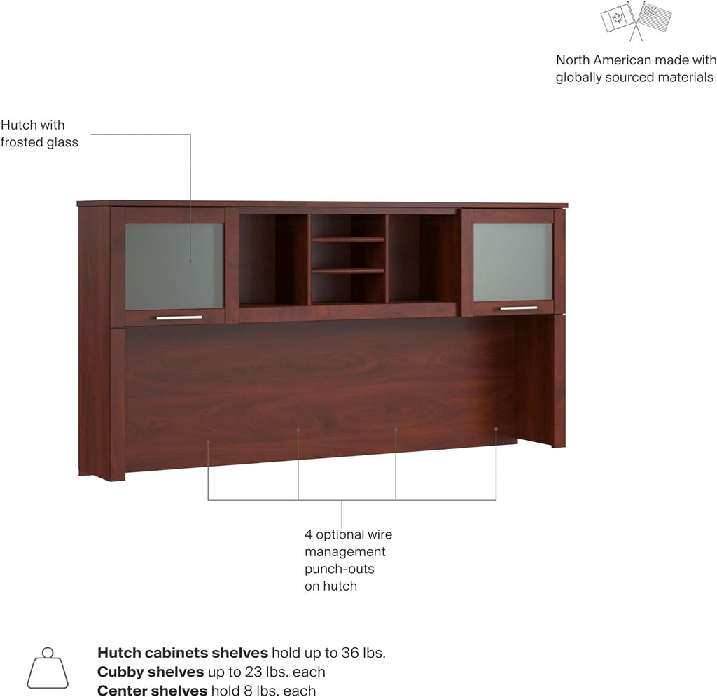 Bush Home 72-Inch Desk Hutch, Office Storage Organizer with Shelves, Cubbies and Frosted Glass Doors for Computer Desk, Home Office Furniture, Somerset Collection, Hansen Cherry