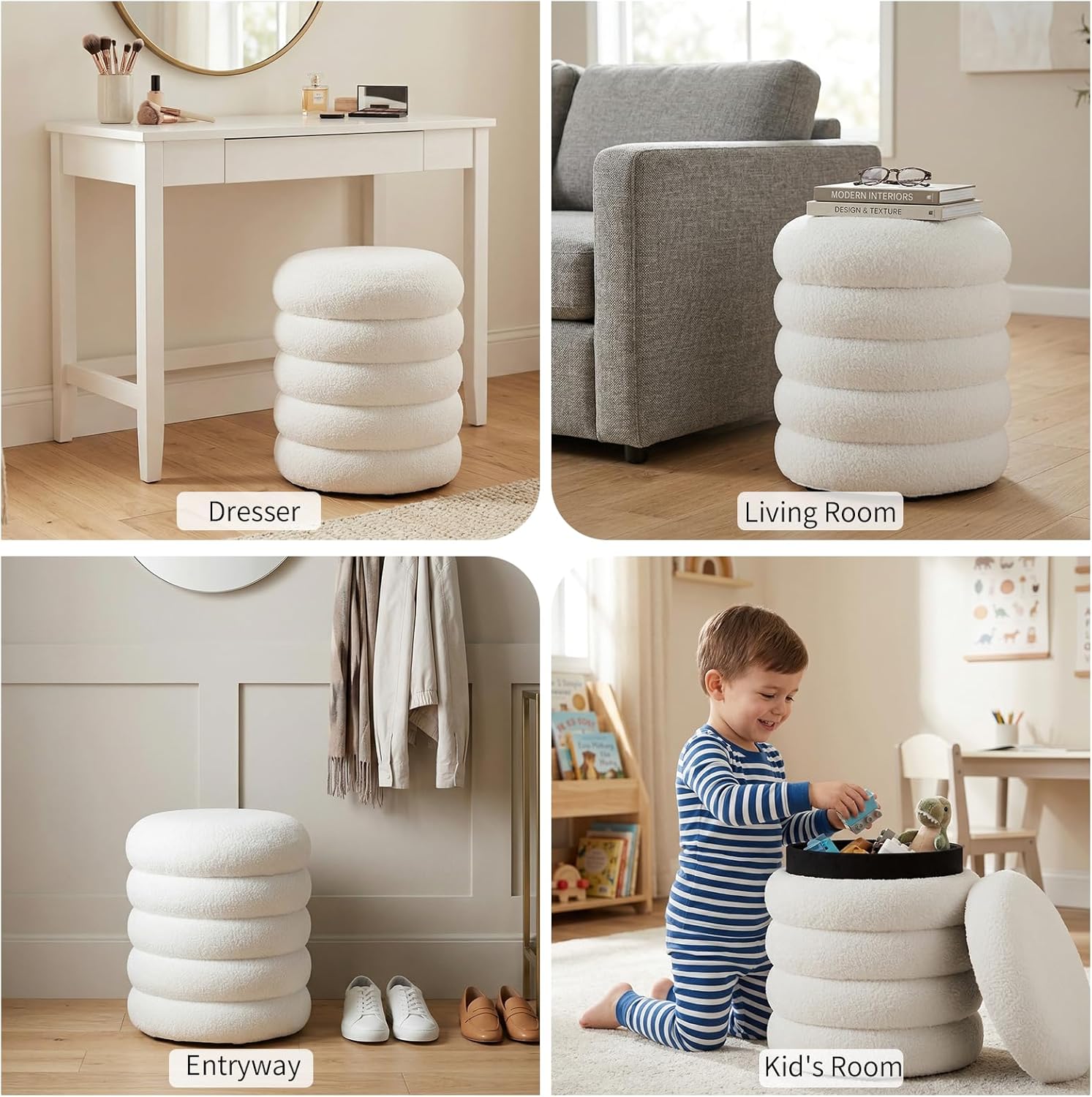 White Round Ottoman with Storage Upholstered Sherpa Foot Stool Ottoman Small Boucle Foot Rest Pouf for Living Room/Entryway, Set of 2