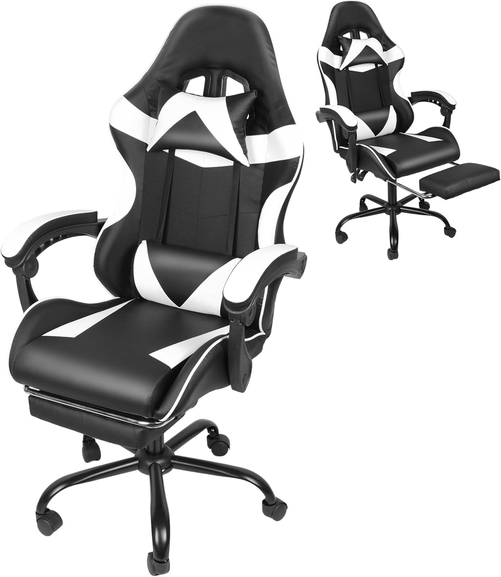 Xcity Gaming Chair, Height Adjustable Desk Chair with 90°-155° Reclining Backrest & Footrest,Ergonomic Computer Chair Supports Up to 330 lbs for Gamer, Office and Home (Black & White)