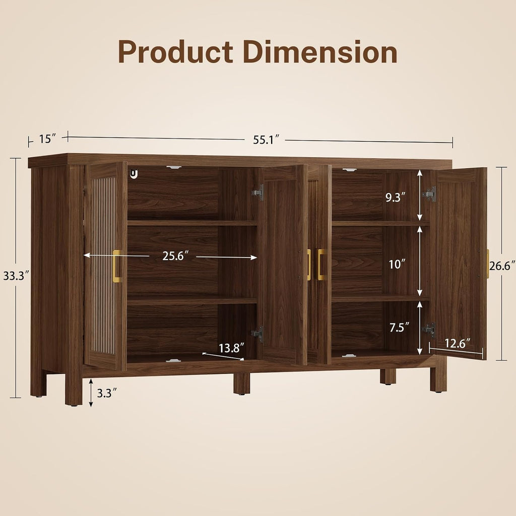 Buffet Cabinet with Storage, 55" Fluted Sideboard Cabinet with 4 Adjustable Shelves, Modern Coffee Bar with 4 Doors, Coffee Bar Cabinet for Kitchen, Living Room, Walnut