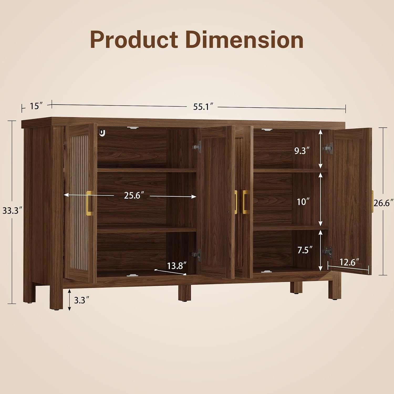 Buffet Cabinet with Storage, 55" Fluted Sideboard Cabinet with 4 Adjustable Shelves, Modern Coffee Bar with 4 Doors, Coffee Bar Cabinet for Kitchen, Living Room, Walnut