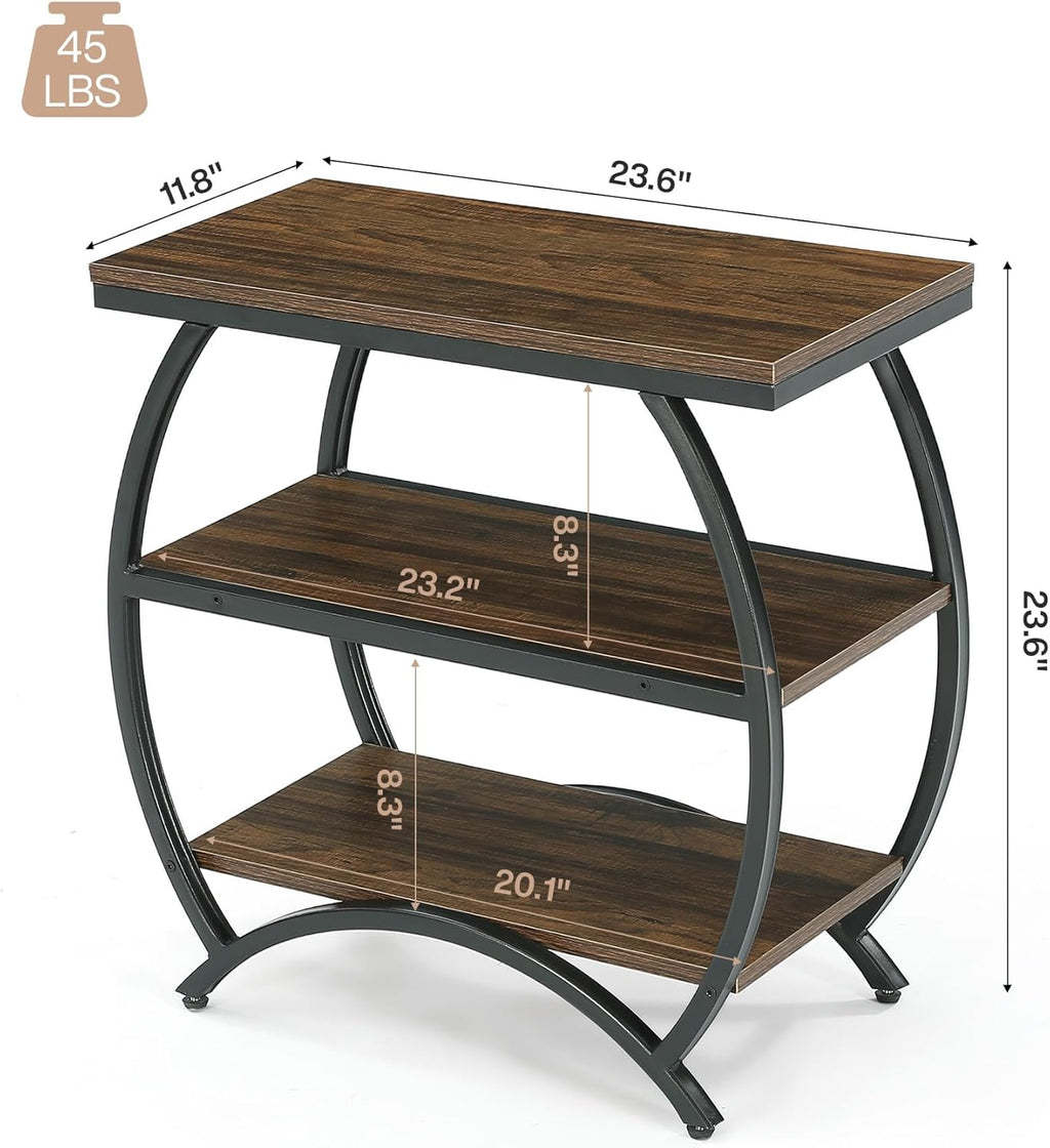 Tribesigns End Table for Living Room, Narrow Couch Side Table with 3-Tier Storage Shelves, Small Bedside Nightstand with Metal Frame, Rustic Brown