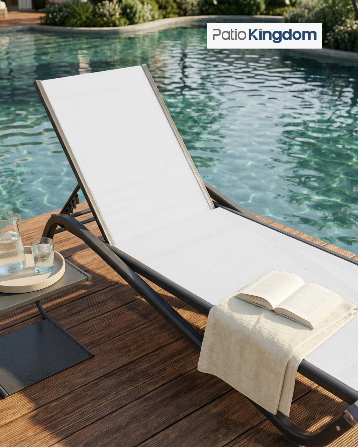 Patio Chaise Lounge Chairs Set of 6, All-Weather Aluminum Pool Loungers for Outside, 5-Position Adjustable Sunbathing Chairs for Tanning, Stackable for Backyard, Poolside, White