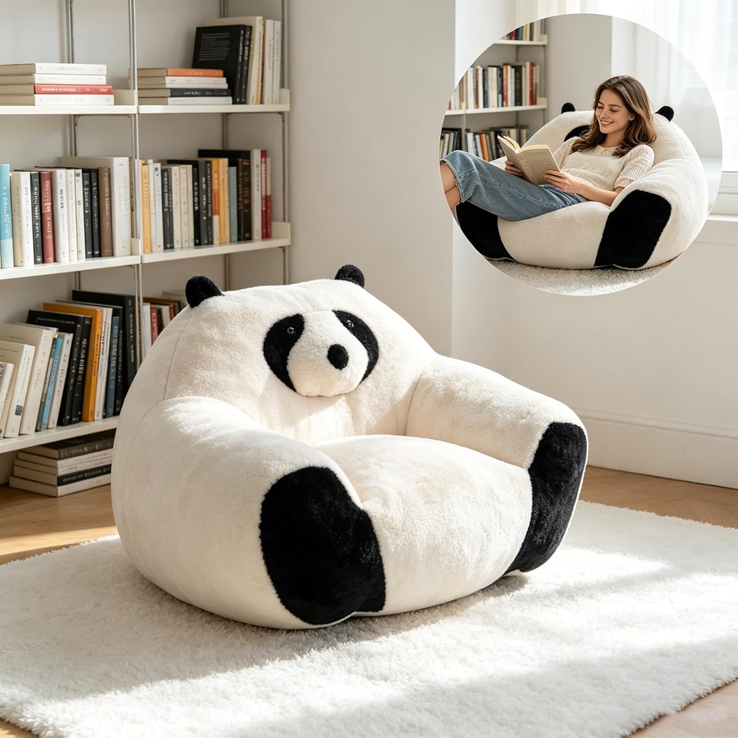 Giant Bean Bag Chair for Adults and Kids, Panda-Shaped beanbag Chair with Soft Plush Fabric, Oversized Boneless Reading, Lounge Chair for Bedroom, Living Room