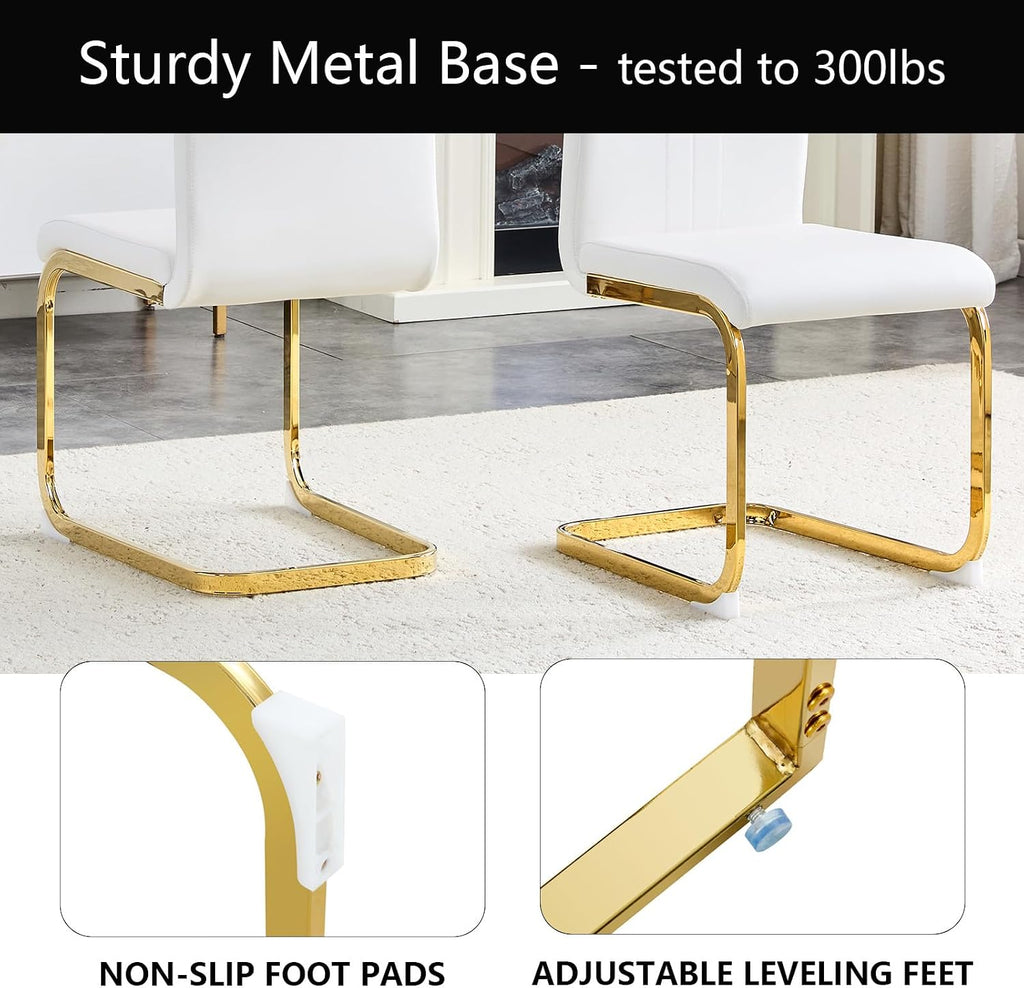 cinkehome Set of 6 Modern Dining Chairs, High Back PU Faux Leather Upholstered Armless Chair with Metal Legs for Kitchen Dining Room Living Room (White with Gold Legs)