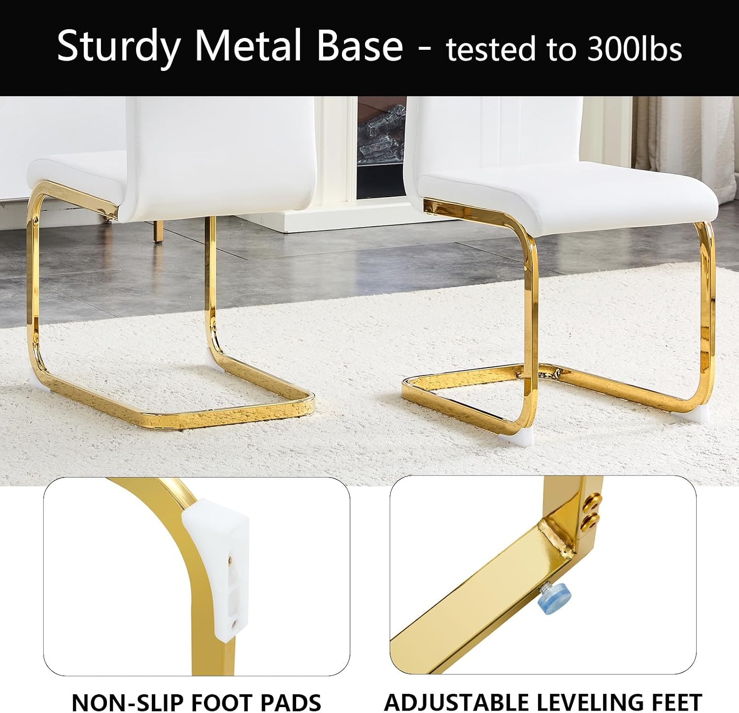 cinkehome Set of 6 Modern Dining Chairs, High Back PU Faux Leather Upholstered Armless Chair with Metal Legs for Kitchen Dining Room Living Room (White with Gold Legs)