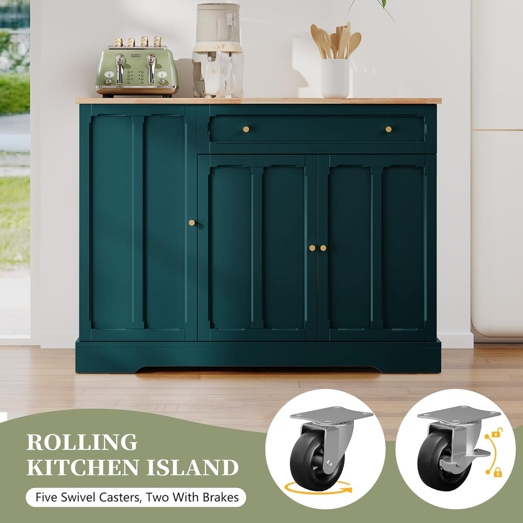 HLR Kitchen Island Cart with Storage, Carved Doors Modern Rolling Islands with Drop Leaf, Sideboard Buffet Cabinet on Wheels, Prep Table for Kitchen, Dining Room (Green)