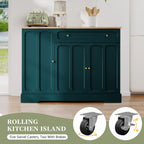 HLR Kitchen Island Cart with Storage, Carved Doors Modern Rolling Islands with Drop Leaf, Sideboard Buffet Cabinet on Wheels, Prep Table for Kitchen, Dining Room (Green)