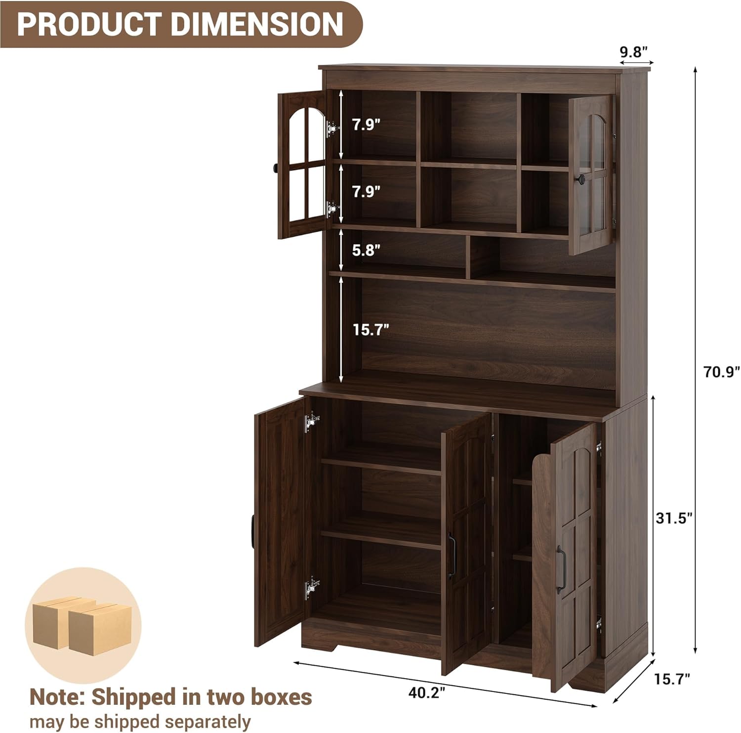 70.9" Tall Kitchen Pantry Cabinet with Glass Doors and Hutch, Freestanding Storage Cupboard with 5 Cabinets, Open Shelves & Inner Door Spice Racks, Multi-Purpose Organizer for Dining Room, Kitchen