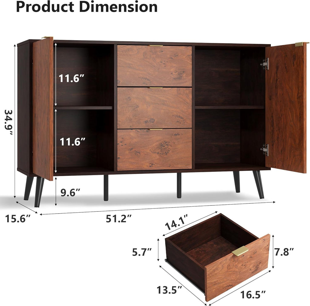 GarveeHome Buffet Cabinet with Drawers and Storage, 51.2 in Large Sideboard Buffet Credenza Storage Cabinet with Shelves and Doors, Walnut Buffet Cabinet for Dining Room, Entryway, Living Room