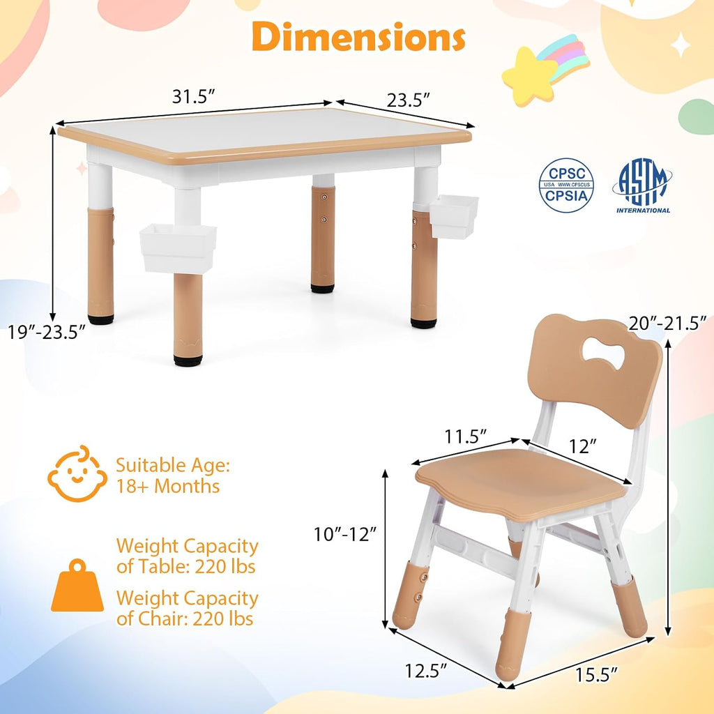 Costzon Kids Table and 4 Chairs, Height Adjustable Toddler Desk Set w/Easy-to-Wipe Graffiti Desktop & 2 Storage Basket for Home, Classroom, Daycare, Playroom, Art Study Table Set (Natural, 5 PCS)