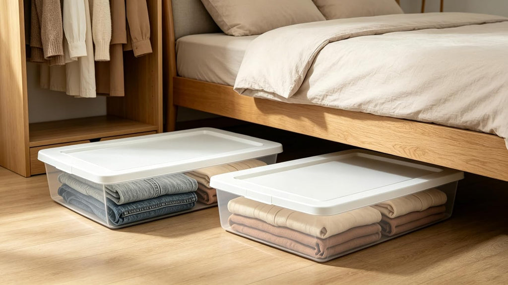 41 Quart Under Bed Storage Containers, Clear, White, 2 Pack | Rigid Plastic, Snap-On Lid, Stackable, Flat Organizer Boxes