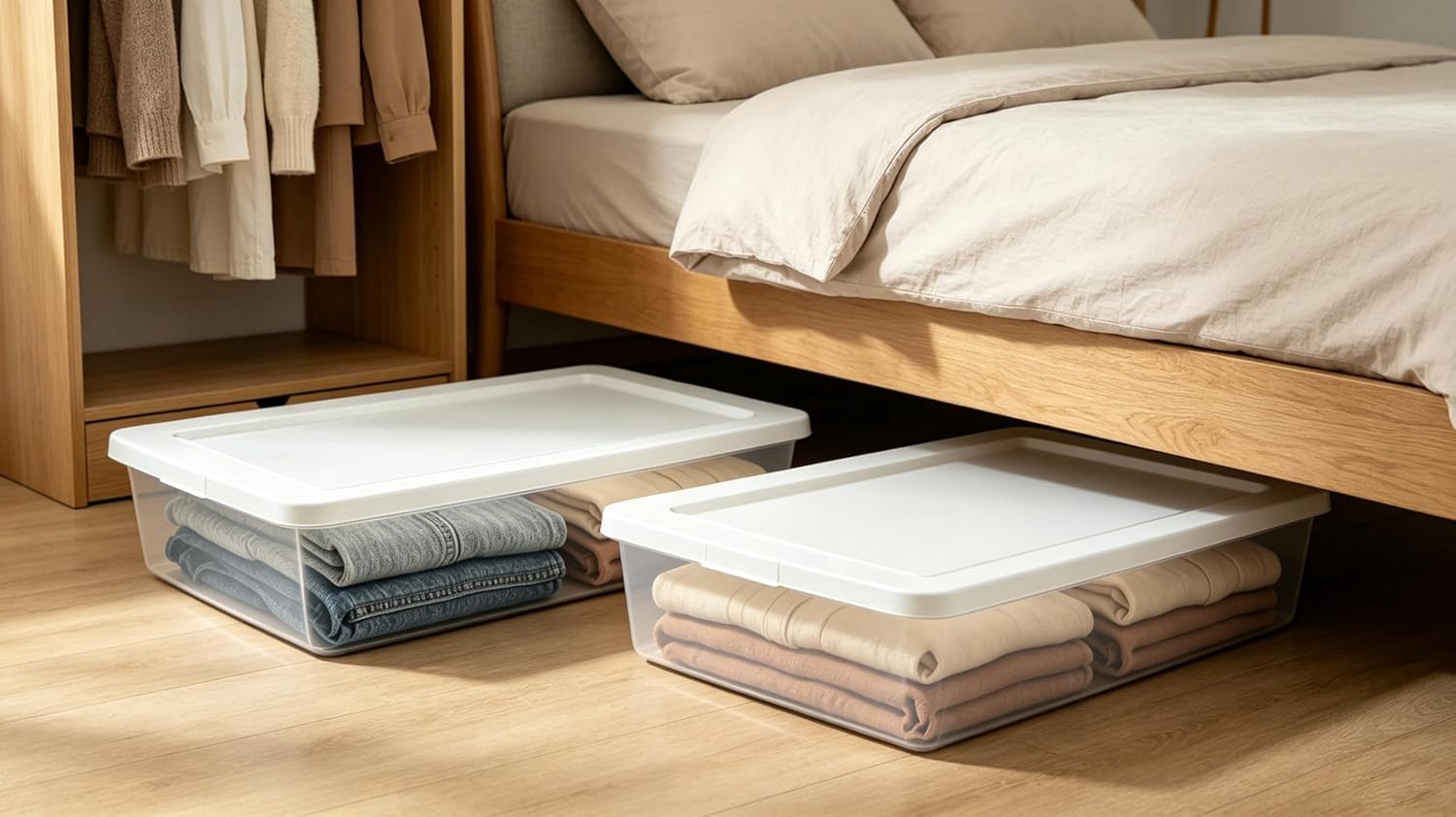41 Quart Under Bed Storage Containers, Clear, White, 2 Pack | Rigid Plastic, Snap-On Lid, Stackable, Flat Organizer Boxes