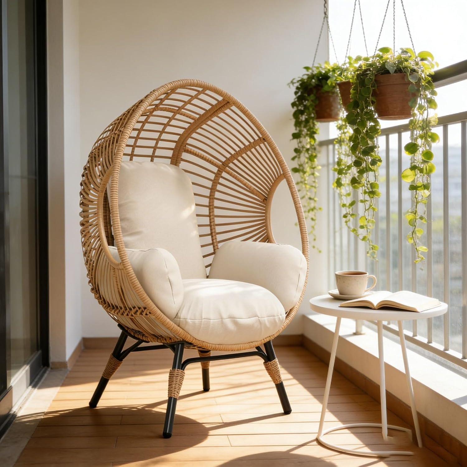 Egg Chair Wicker Balcony Chairs, 400lbs Capacity, 8-Inch Comfort Cushion, Indoor Outdoor(Natural)