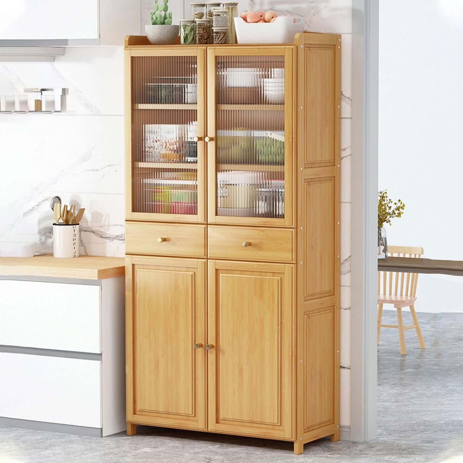 Tall Freestanding Food Storage Cabinet, Kitchen Pantry Storage Cabinet with Drawer, with Adjustable Shelves & Barn Doors, for Dining Room, Living Room(Yellow)