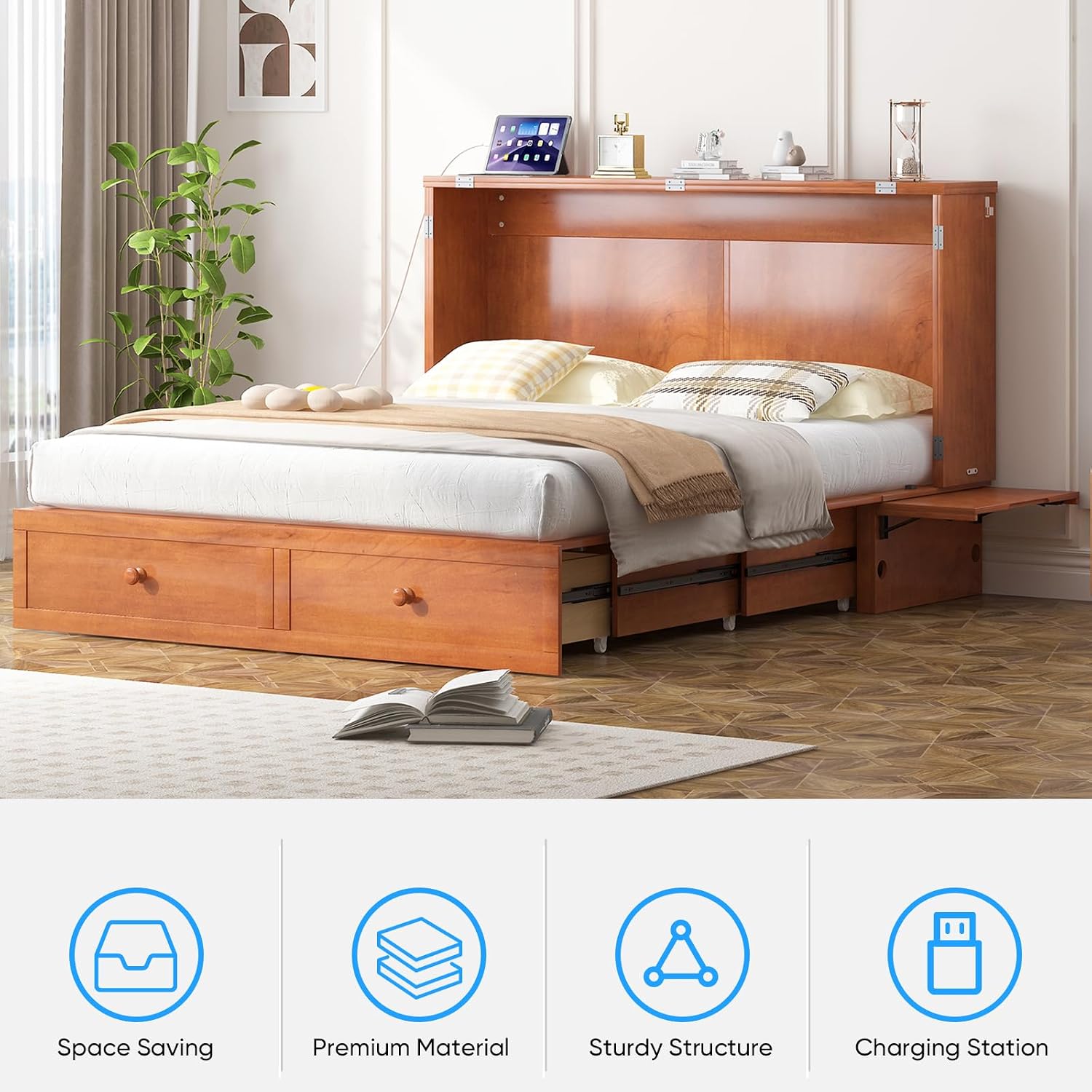 PUREMIND Queen Murphy Bed — Multi-Functional Hideaway Cabinet Bed with Headboard, Space-Saving Wall Bed with USB-C Charging Ports & 2 Storage Drawers for Guest Room, Apartment, Home Office, Cherry