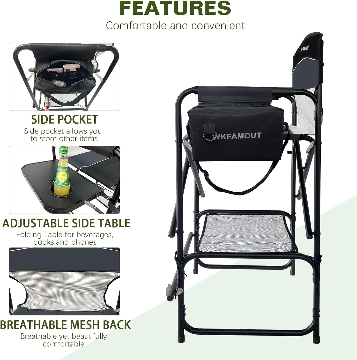Tall Folding Director Chair 30.7" Seat Height Foldable Bar Stool for Makeup Artist Face Painting with Side Table Carry Bag and Cosmetic Bag Supports 250LBS