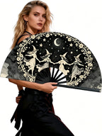 Large Folding Hand Fan, Black, Dancing Witches Design, Moon and Stars Theme, Halloween Costume Accessory
