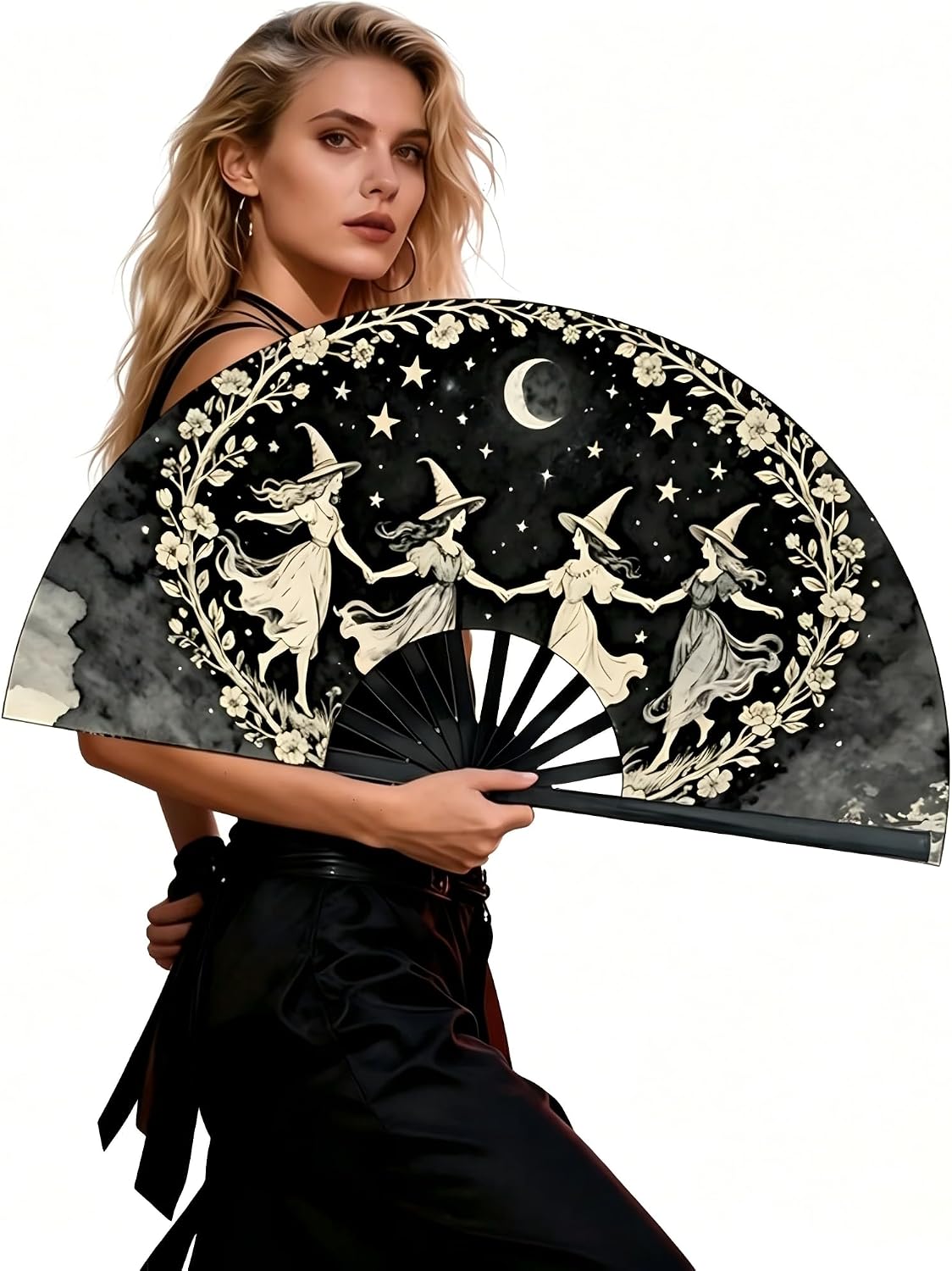 Large Folding Hand Fan, Black, Dancing Witches Design, Moon and Stars Theme, Halloween Costume Accessory