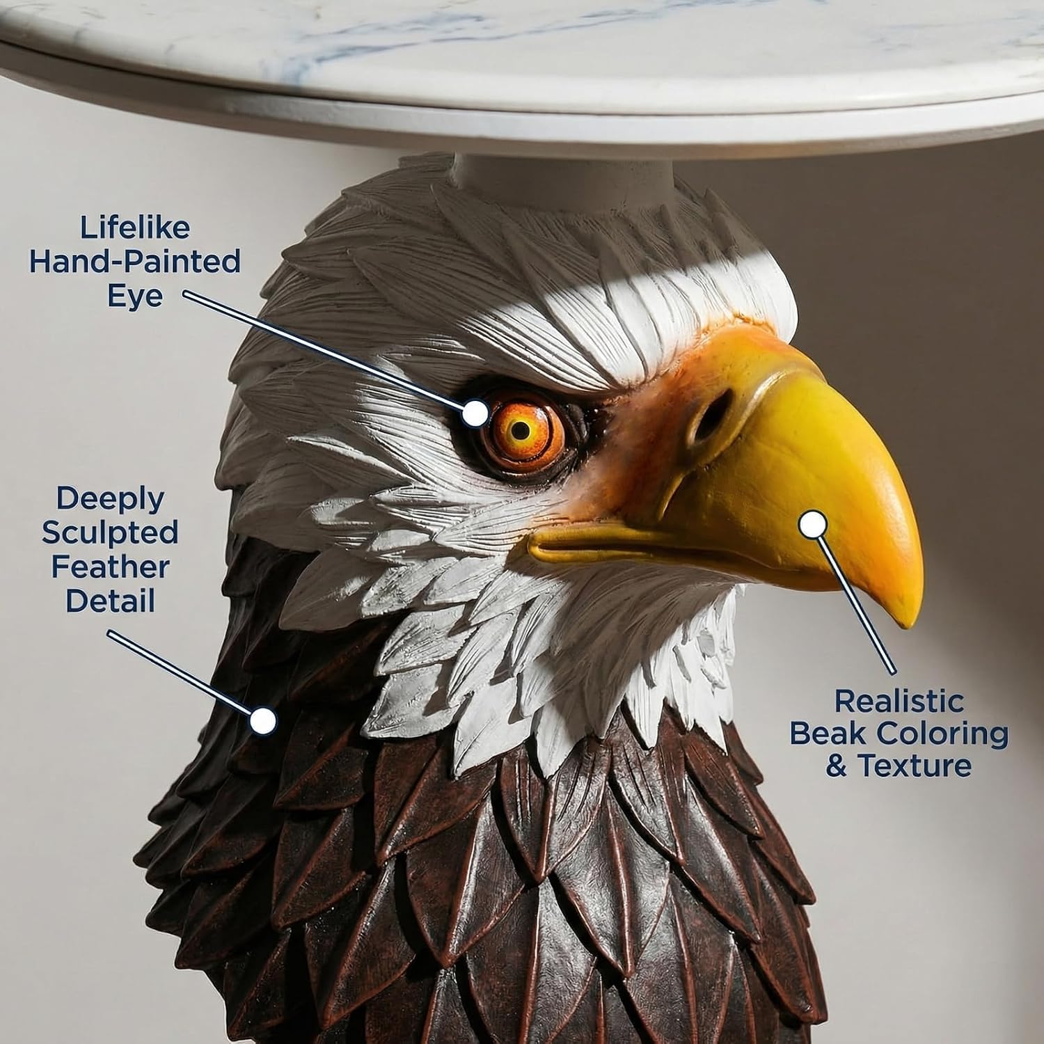 Animal End Tables, Eagle Head Accent Table with Artificial Marble Top, Resin Animal Statue Side Table for Living Room, Bedroom, Man Cave, Home Bar