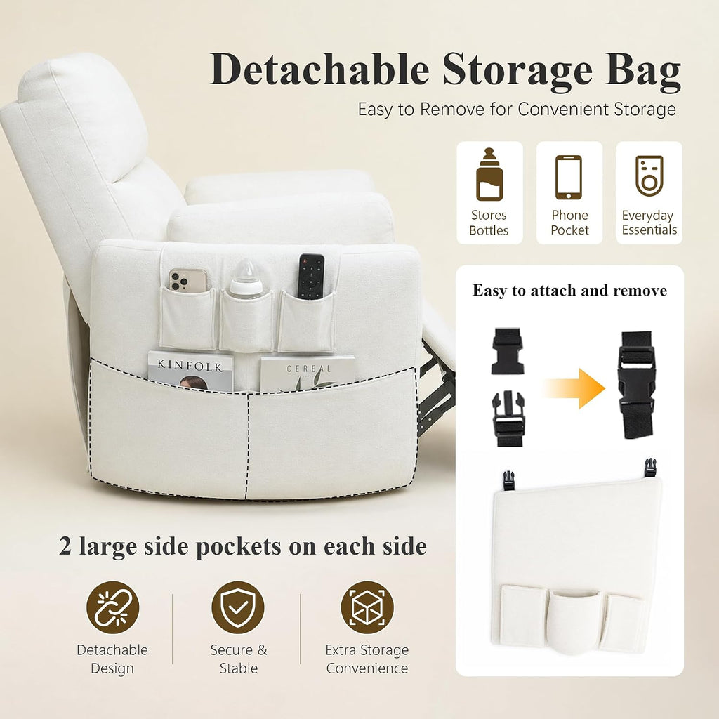 Oversized Power 270°Swivel Rocking Recliner Chair Nursery, White | Wraparound Arms, Four Storage Side Pockets, Detachable Organizer, 2 Pillows, USB & Type-C, One-Touch Controls, 30°Rocking