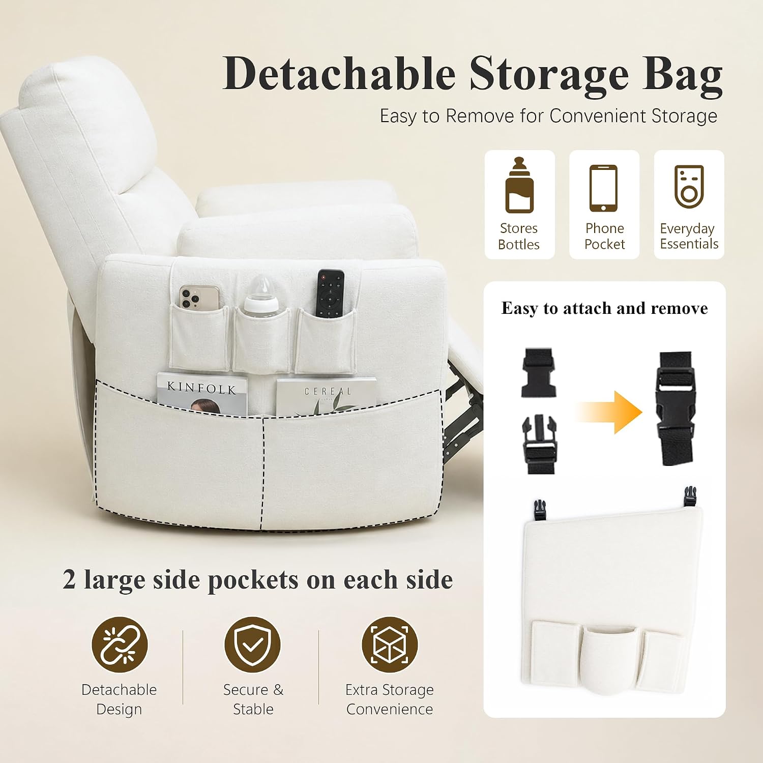 Oversized Power 270°Swivel Rocking Recliner Chair Nursery, White | Wraparound Arms, Four Storage Side Pockets, Detachable Organizer, 2 Pillows, USB & Type-C, One-Touch Controls, 30°Rocking