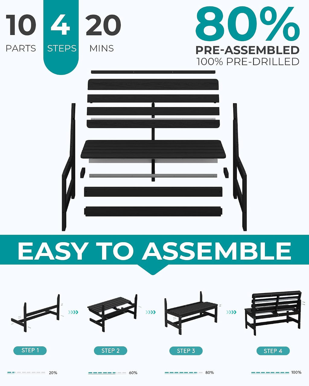 SERWALL Outdoor Bench, All Weather HDPE Outdoor Benches, 2-Person Armless Porch Bench with 600 lbs Weight Capacity, Patio Benches for Outdoors, Porch, Park and Dining, Black