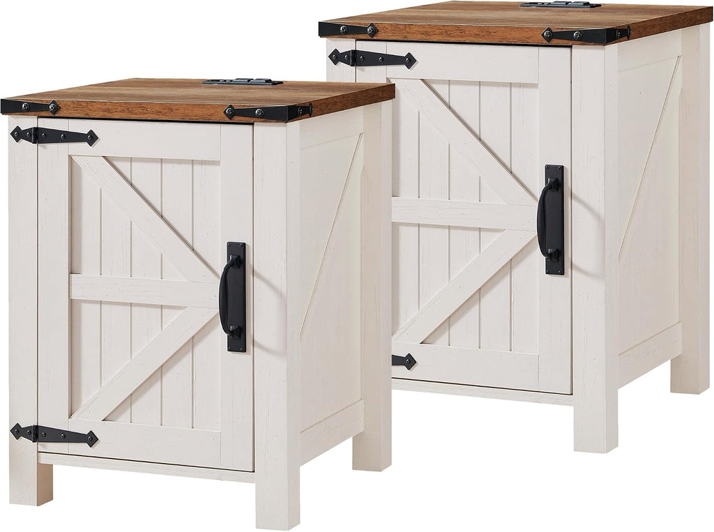 OKD Farmhouse Nightstand Set of 2 with Charging Station, 18 Inch Rustic End Table with Barn Door Cabinet, Adjustable Storage Shelf, Wood Sofa Side Table for Living Room, Bedroom, Antique White