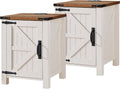 OKD Farmhouse Nightstand Set of 2 with Charging Station, 18 Inch Rustic End Table with Barn Door Cabinet, Adjustable Storage Shelf, Wood Sofa Side Table for Living Room, Bedroom, Antique White