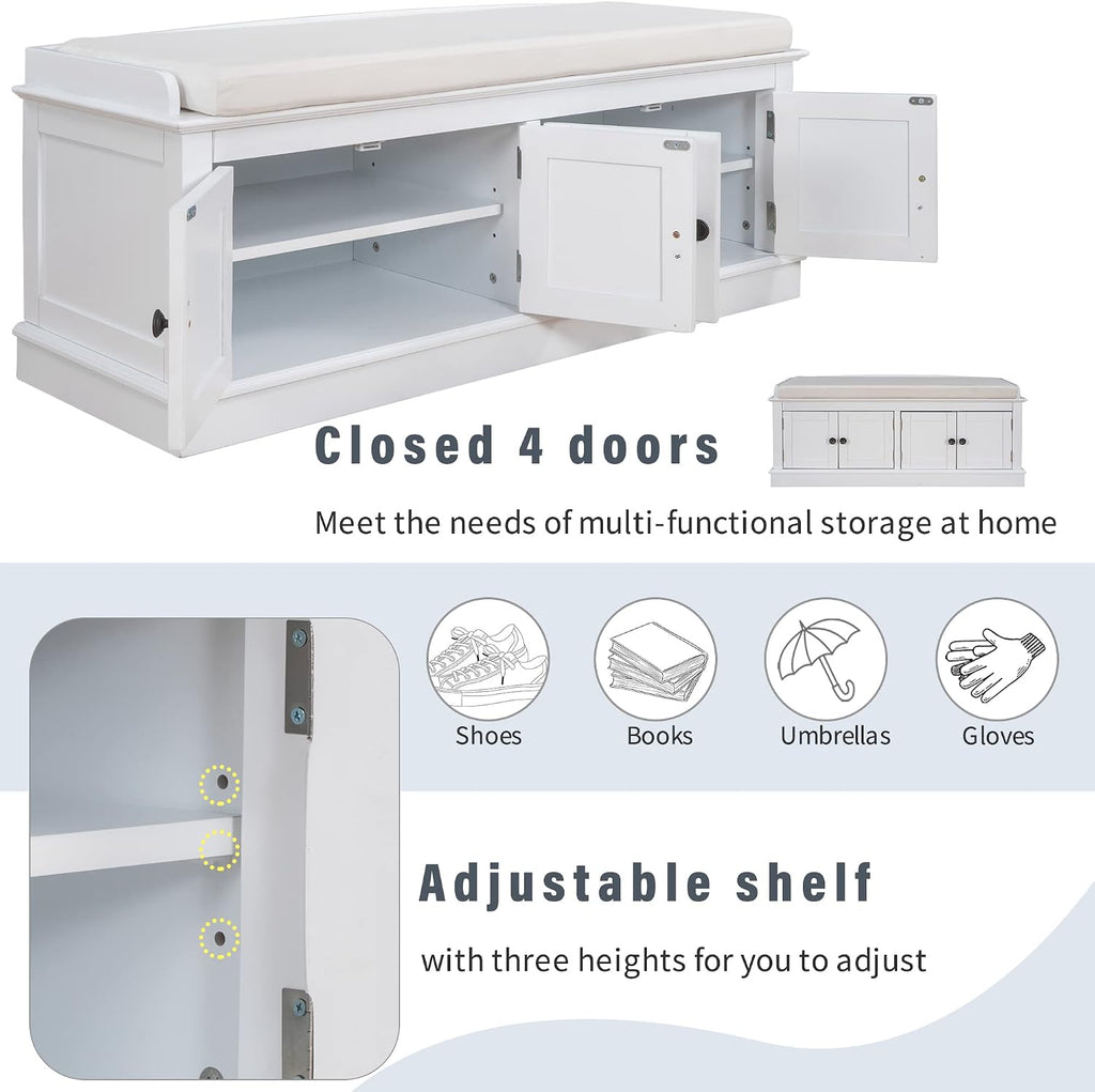 SOFTSEA 42.7" Shoe Bench with Padded Seat Cushion, 2-Tier Entryway Bench with 4 White Doors and Adjustable Shelves, Shoe Cabinet for Entryway, Bedroom, Living Room, White