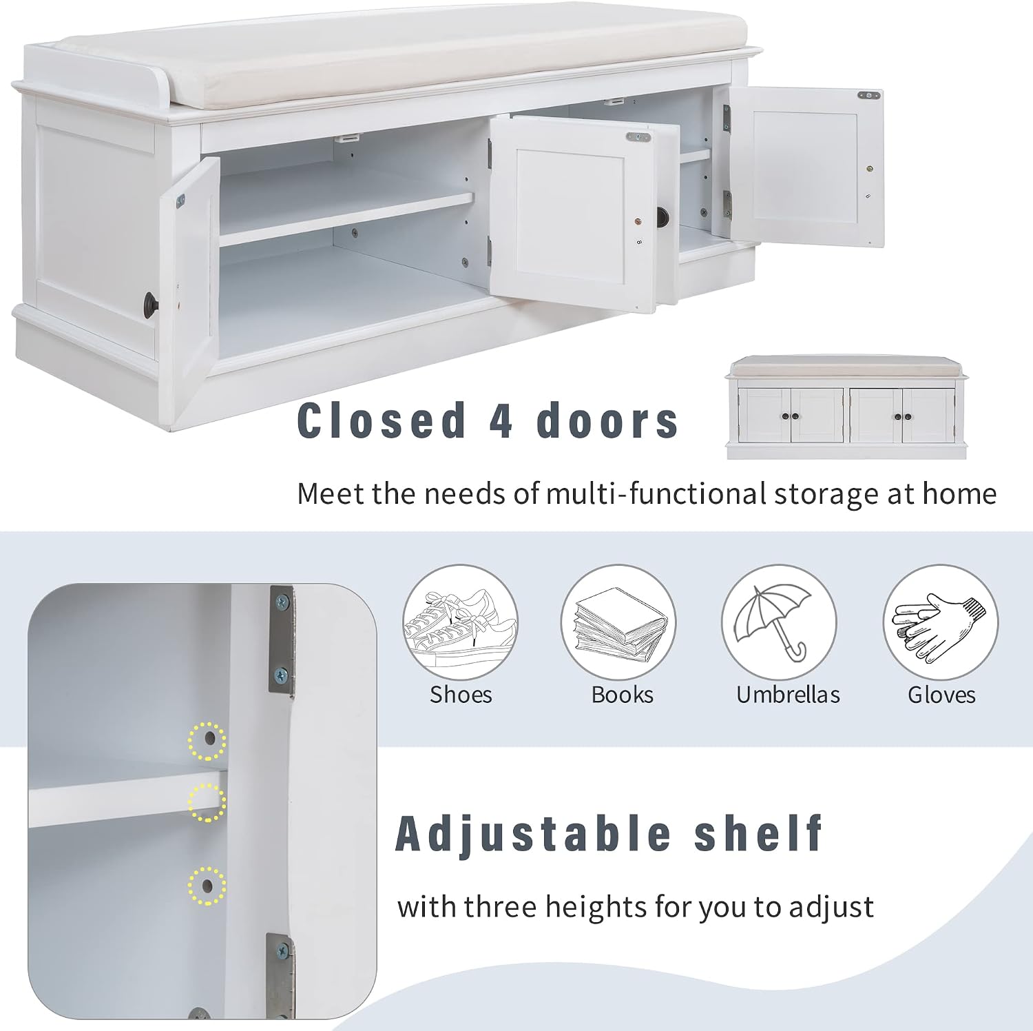 SOFTSEA 42.7" Shoe Bench with Padded Seat Cushion, 2-Tier Entryway Bench with 4 White Doors and Adjustable Shelves, Shoe Cabinet for Entryway, Bedroom, Living Room, White