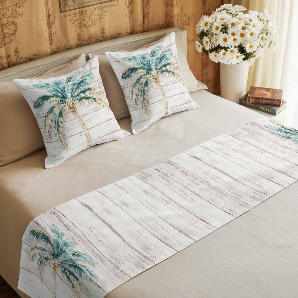 Beige Palm Trees Bed Runners for Full/Queen Size Bed, Summer Tropical Coastal Wooden Bedroom Hotel Wedding Room Bedding Scarf Protector Beds Scarves Throw for Foot and Pillowcase Set 18x18in