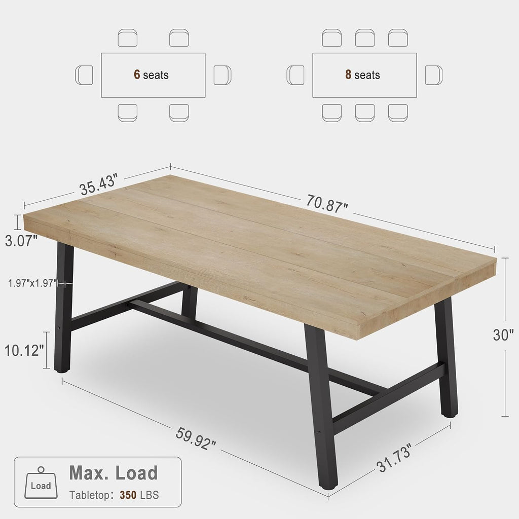 71”Industrial Multi-Functional Table, Large Wood Top with Sturdy Steel Frame, Seats 6-8 As Dining Table or Long Writing Desk, Spacious Office Desk for Home, Kitchen, Family Gatherings