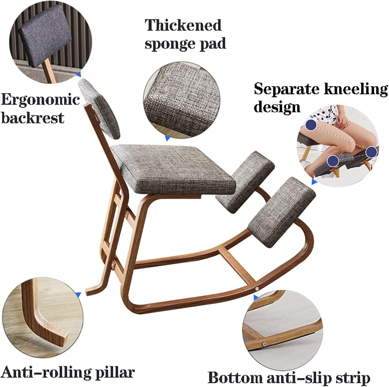 Ergonomic Kneeling Chair with Back Support - Posture Corrective Rocking Balance Stool for Office Use, Orthopedic Design to Relieve Fatigue and Improve Comfort (Grey)