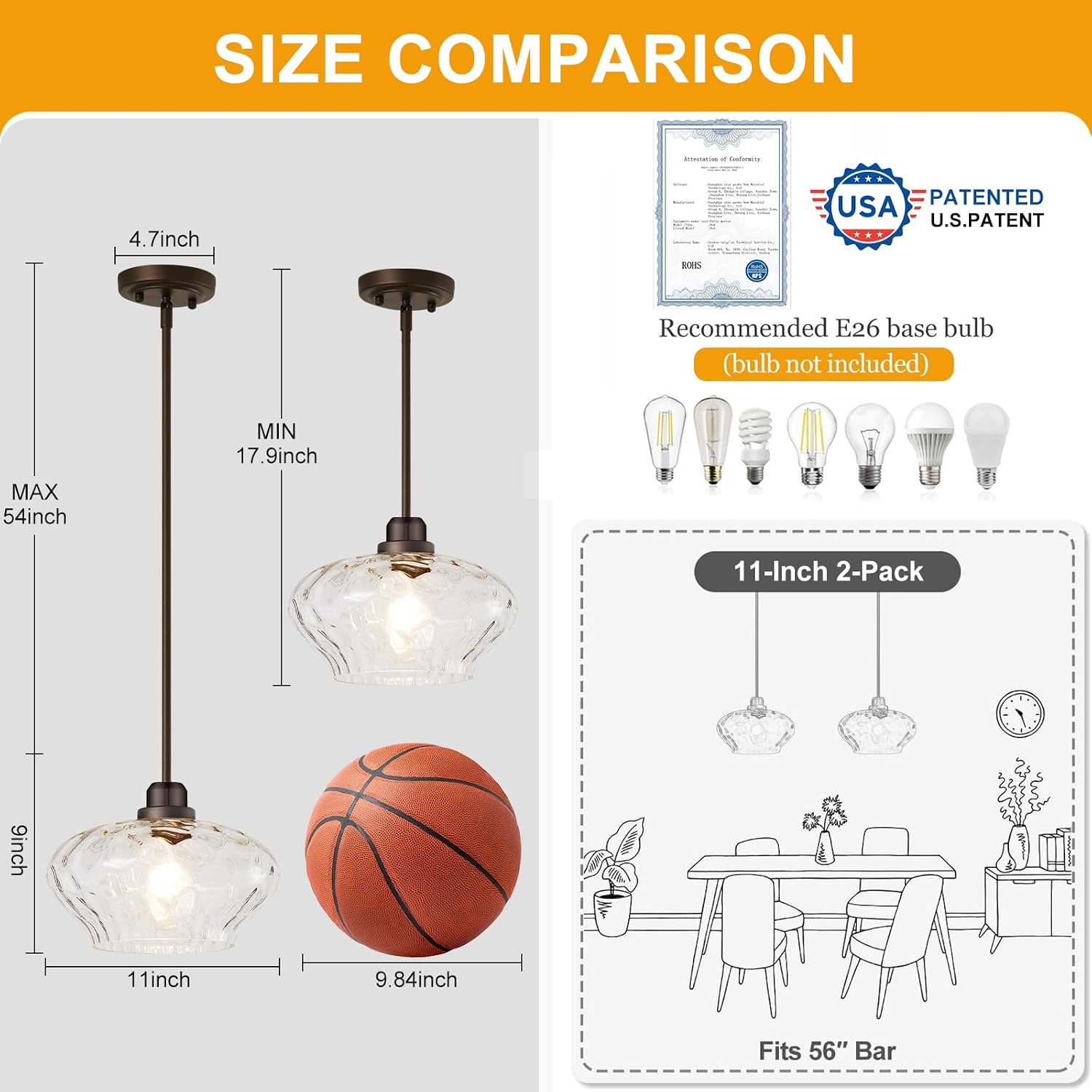 Pendant Lights Kitchen Island, Oil Rubbed Bronze Pendant Light Fixtures with 11" Clear Hammered Glass Shade, Modern Hanging Pendant Lights Fixture for Kitchen Island Dining Room Hallway Foyer Entryway