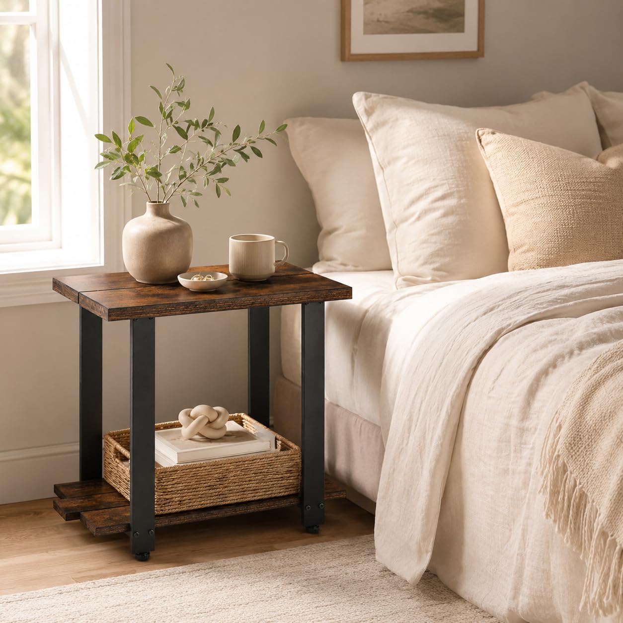 Transitional Narrow End Table, 2-Tier Rustic Side Table with Storage Shelves, Modern Farmhouse Industrial Nightstand for Living Room, Bedroom, Small Spaces, Couch, Rustic Brown