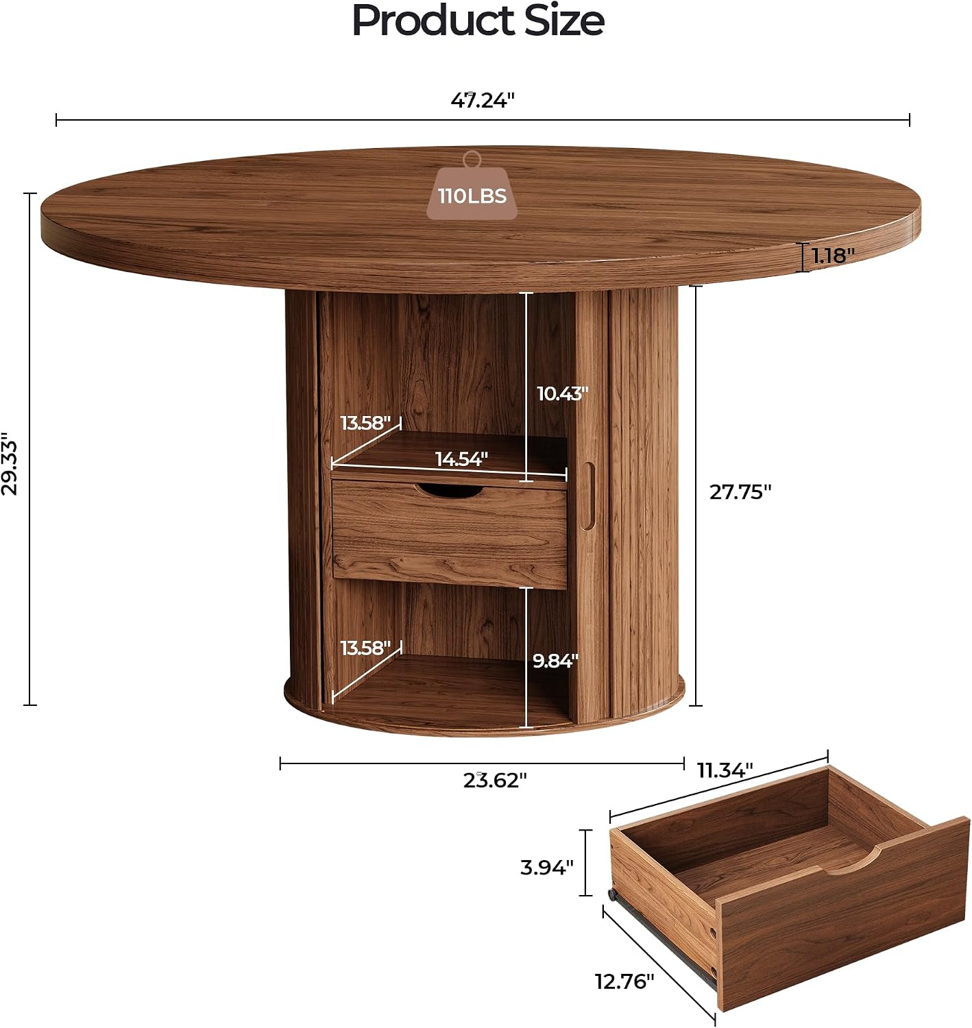 47 Inch Round Dining Table for 4-6, Farmhouse Kitchen Table with 2-Layer Storage Shelf & Drawer and Sliding Door, Sturdy Wooden Dining Table with Fluted Pedestal Base for Kitchen, Living Room, Walnut