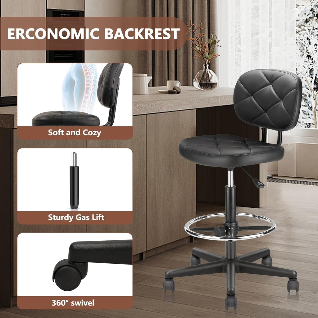 KLASIKA PU Leather Rolling Bar Stool with Wheels and Back, Tall Drafting Stool with Adjustable Height and Footrest, Multi-Purpose Office Desk Chair for Home Kitchen Shop Work, Black (1PK)