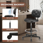 KLASIKA PU Leather Rolling Bar Stool with Wheels and Back, Tall Drafting Stool with Adjustable Height and Footrest, Multi-Purpose Office Desk Chair for Home Kitchen Shop Work, Black (1PK)